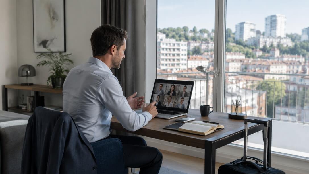 reunion entre un consultant lyonnais et son equipe parisienne en teletravail