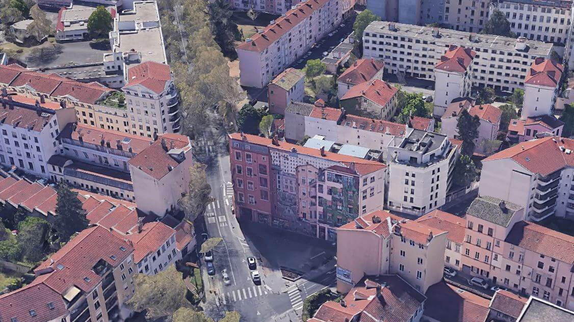 mur peint des canuts vu du ciel