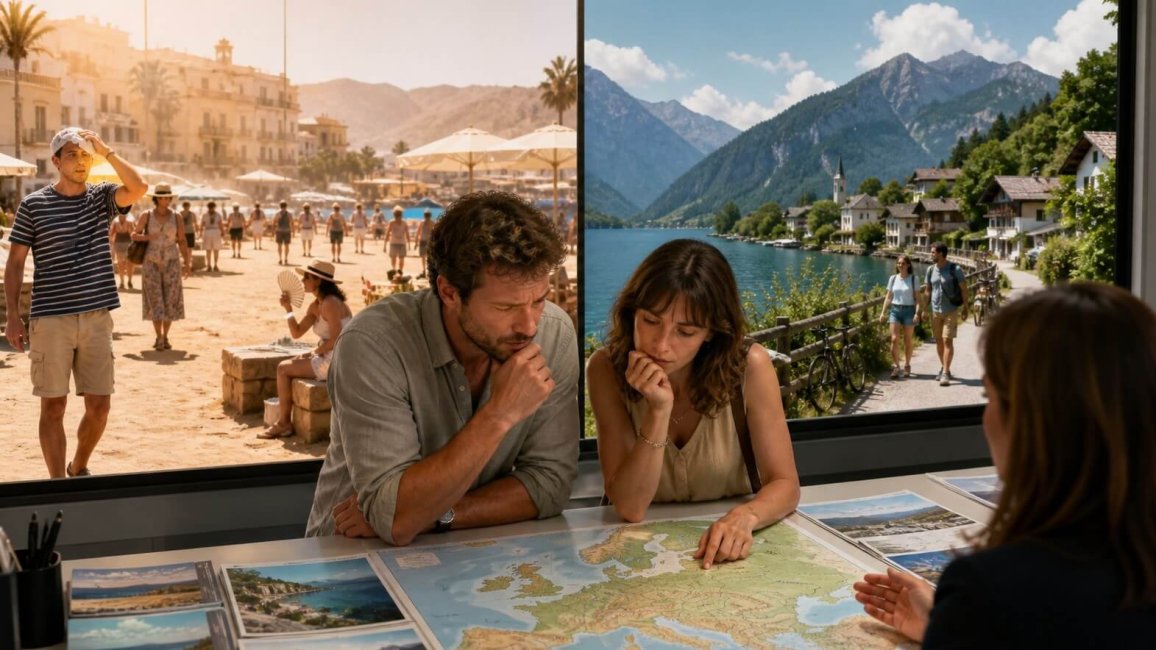 un couple en agence de voyage hesite entre destinations chaudes et froides