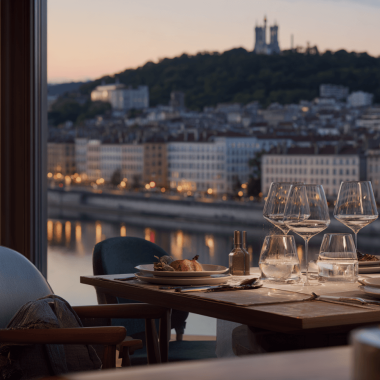 table elegante restaurant gastronomique lyonnais avec vue sur la saoneet fourviere