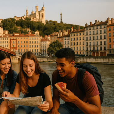 etudiants touristes mangeant une pizza sur les quais avec fourviere en arriere plan