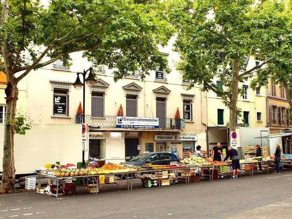 stand fruits et legumes sur etales marche boulevard de la croix rousse a lyon