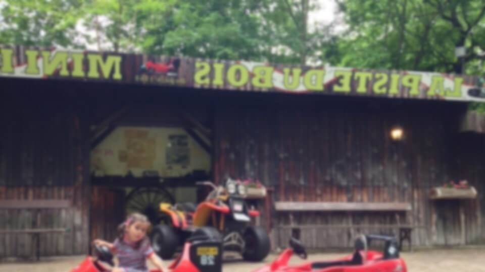 un petit gone embarque sur un karting electrique de la piste du bois