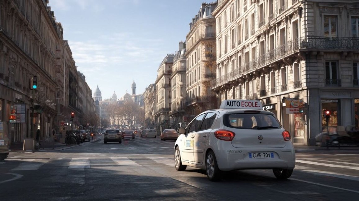vehicule d auto ecole en circulation dans le centre de lyon