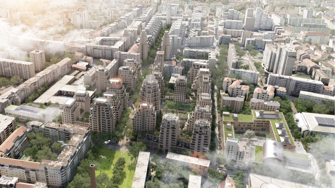 vue aerienne du reamanagementquartier gratte ciel villeurbanne