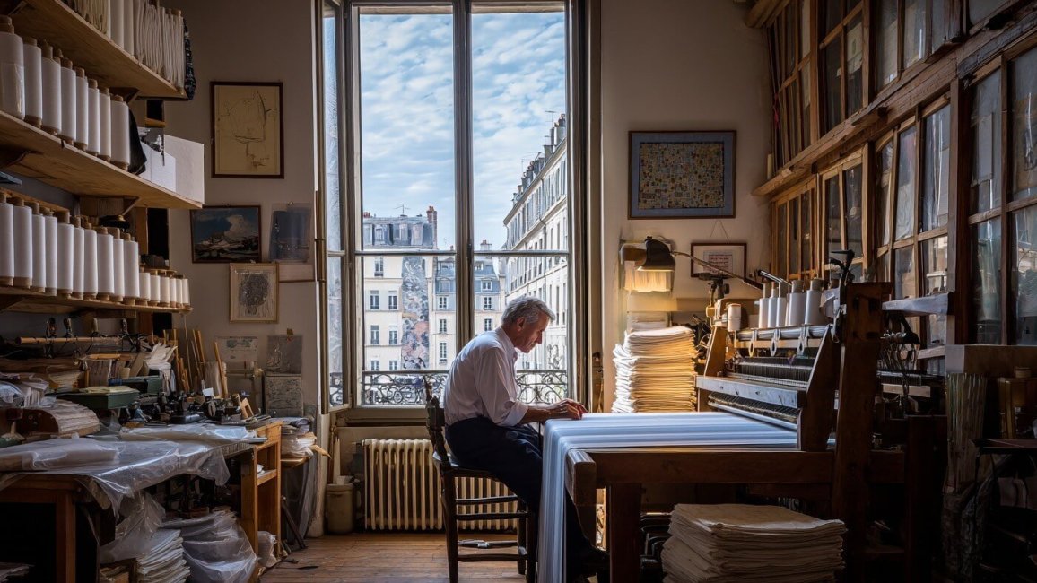 artisan d une maison de luxe travaillan sur un metiers a tisser jecquard