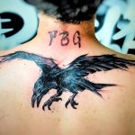 tatouage faucon noir sur le dos realise au salon skull curiosity a lyon