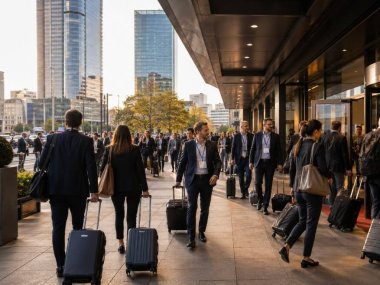 rassemblement de professionnels arrivant de la gare part dieu pour un congres