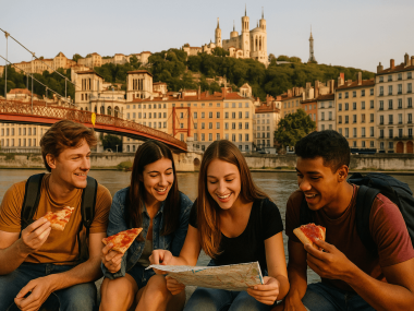 etudiants touristes mangeant une pizza sur les quais avec fourviere en arriere plan