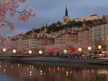cerisiers japonais et lanternes traditionnelles decorent les quais a lyon