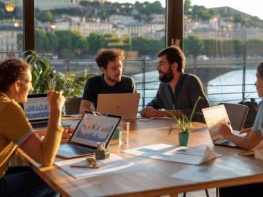 des entrepreneurs lyonnais travaillent au business plan dans un corworking en bord de saone