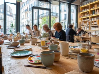 grande tablee en bois dans un cafe ceramique du centre de lyon