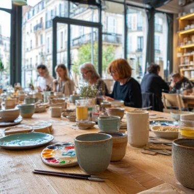 grande tablee en bois dans un cafe ceramique du centre de lyon