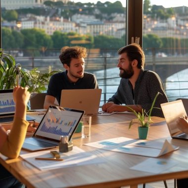 des entrepreneurs lyonnais travaillent au business plan dans un corworking en bord de saone