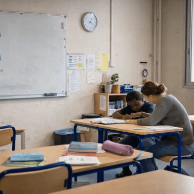 salle de classe vide a lyon avec un eleve en tutorat
