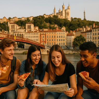 etudiants touristes mangeant une pizza sur les quais avec fourviere en arriere plan