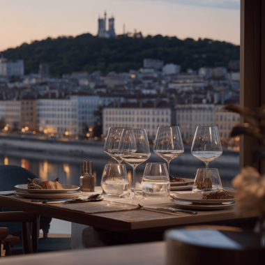 table elegante restaurant gastronomique lyonnais avec vue sur la saoneet fourviere