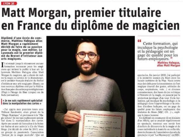 parution presse indiquant que matt morgan est le premier diplome de magie de france