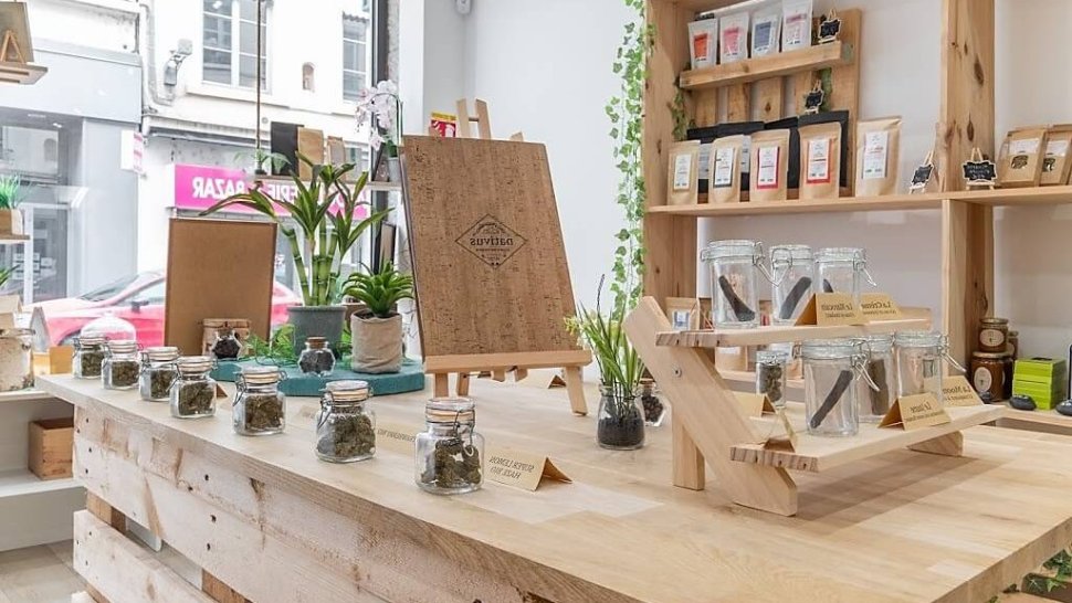 presentoirs de fleurs de cbd en pots dans la boutique nativus a lyon